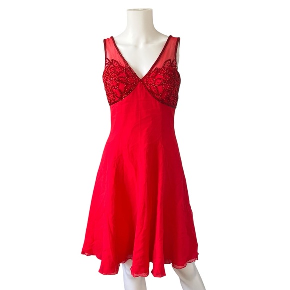 Vintage Alyce Designs Red Silk Dress Beaded V Neck Sleeveless Flirty Size 4 - Picture 1 of 11